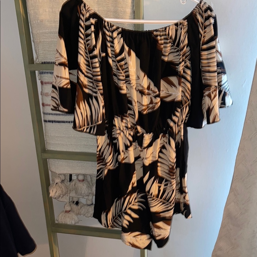 Women's Black and Cream Leaf Print shorts romper